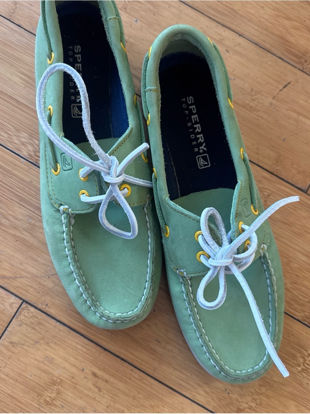 Sperry Mint Green Suede Boat Shoes with White Laces